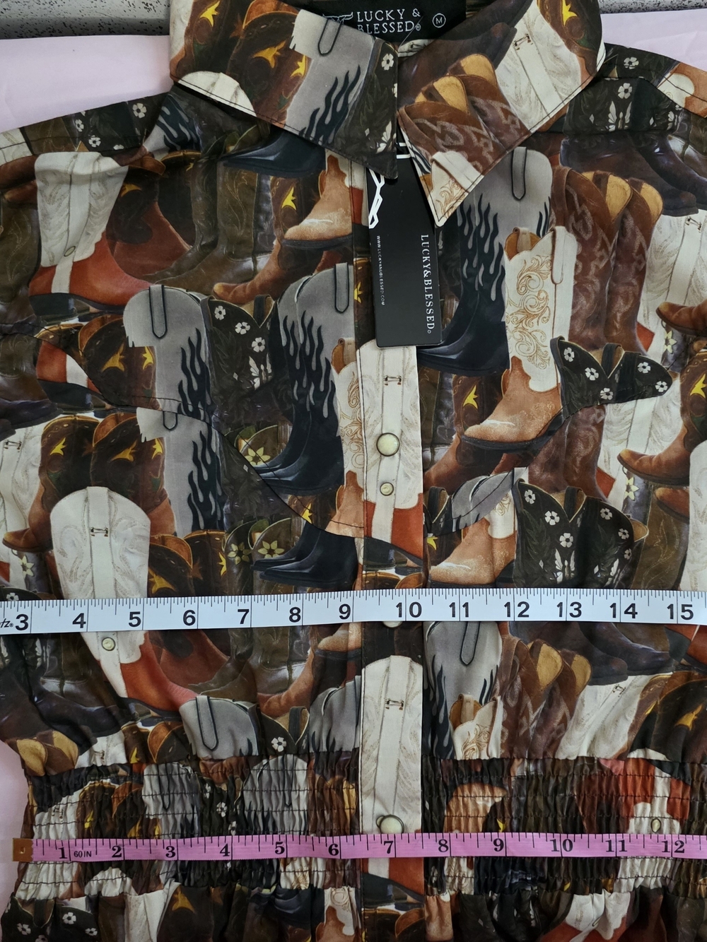 Lucky & Blessed Brown Multi Western Boot Print Long Sleeve Shirtdress - Picture 7 of 10